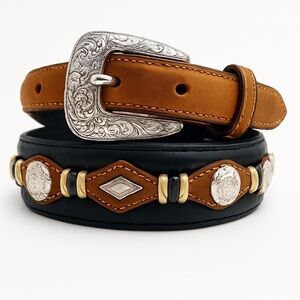 Justin Boots Western Leather Belt Silver Engraved Buckle Concho Style 34 (745BB)